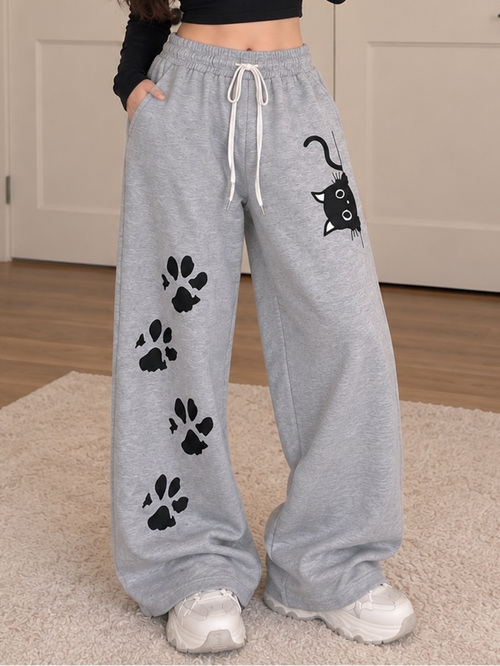 Y2K Cat Graphic Wide-Leg Sweatpants – Gray – XS – NWT